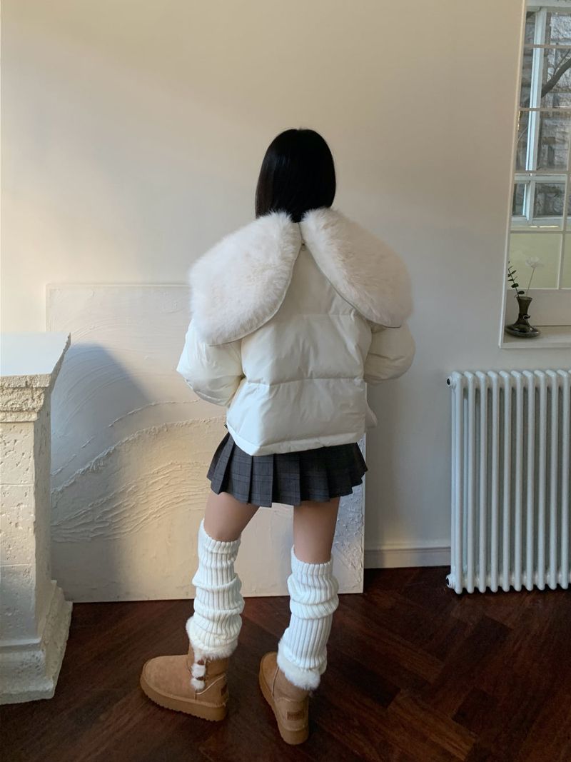 Ice Bloom Fur-Collar Duck Down Short Puffer