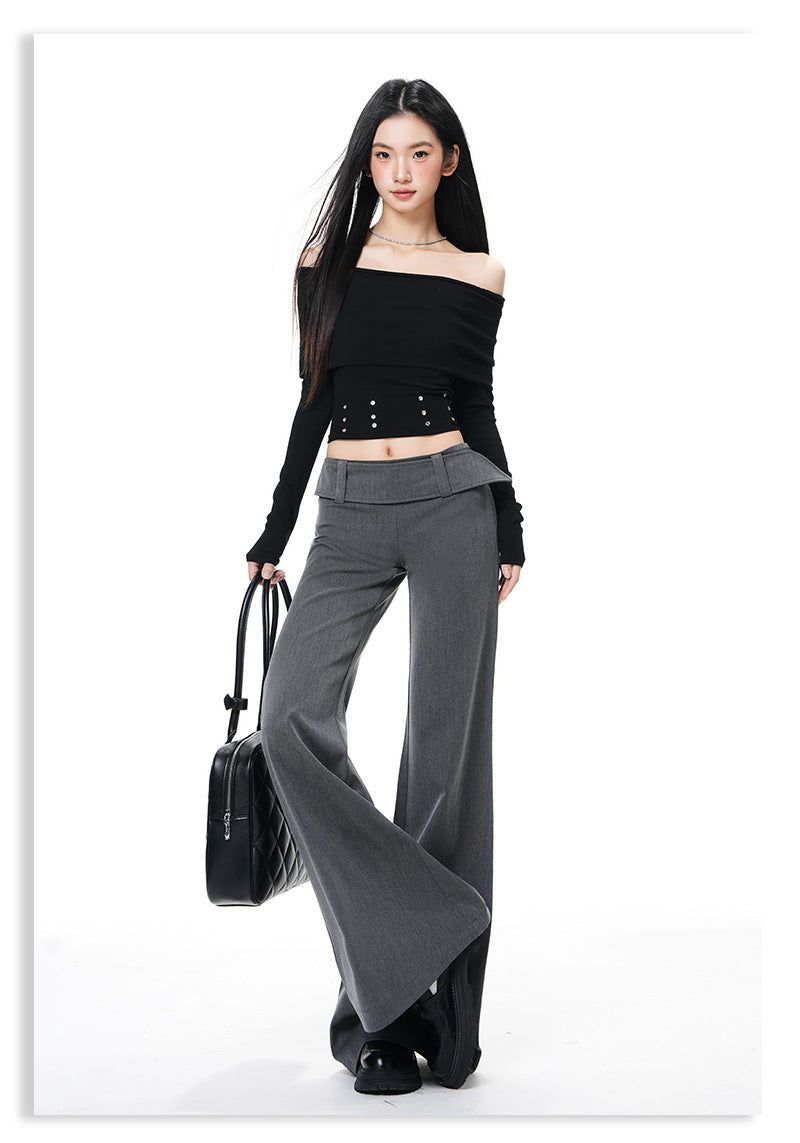 French Low-Waist Micro Flare Slacks – Tailored Slim Wide Casual Pants