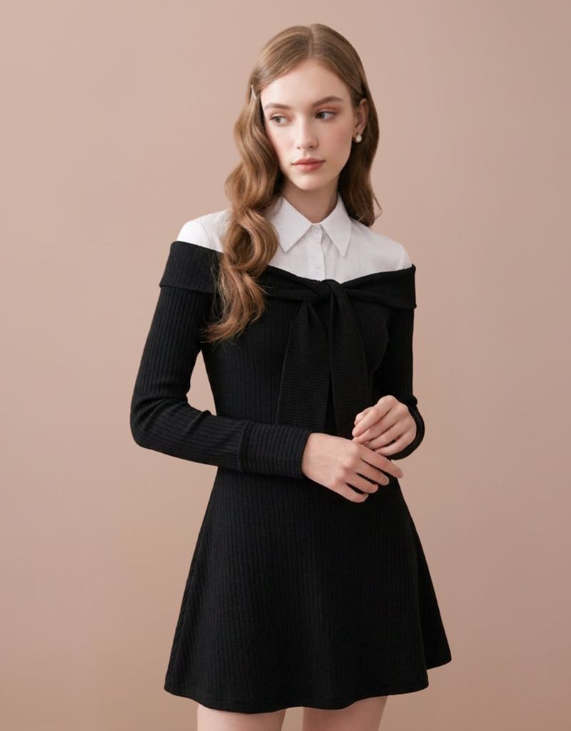Elly Off-Shoulder Tie Ribbed Long-Sleeve Mini Knit Dress Black