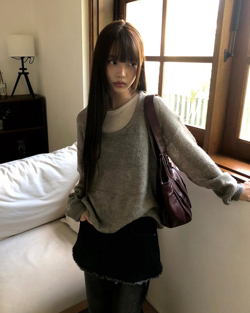 ミシュカラーブロックレイヤードルーズフィットロングスリーブニット