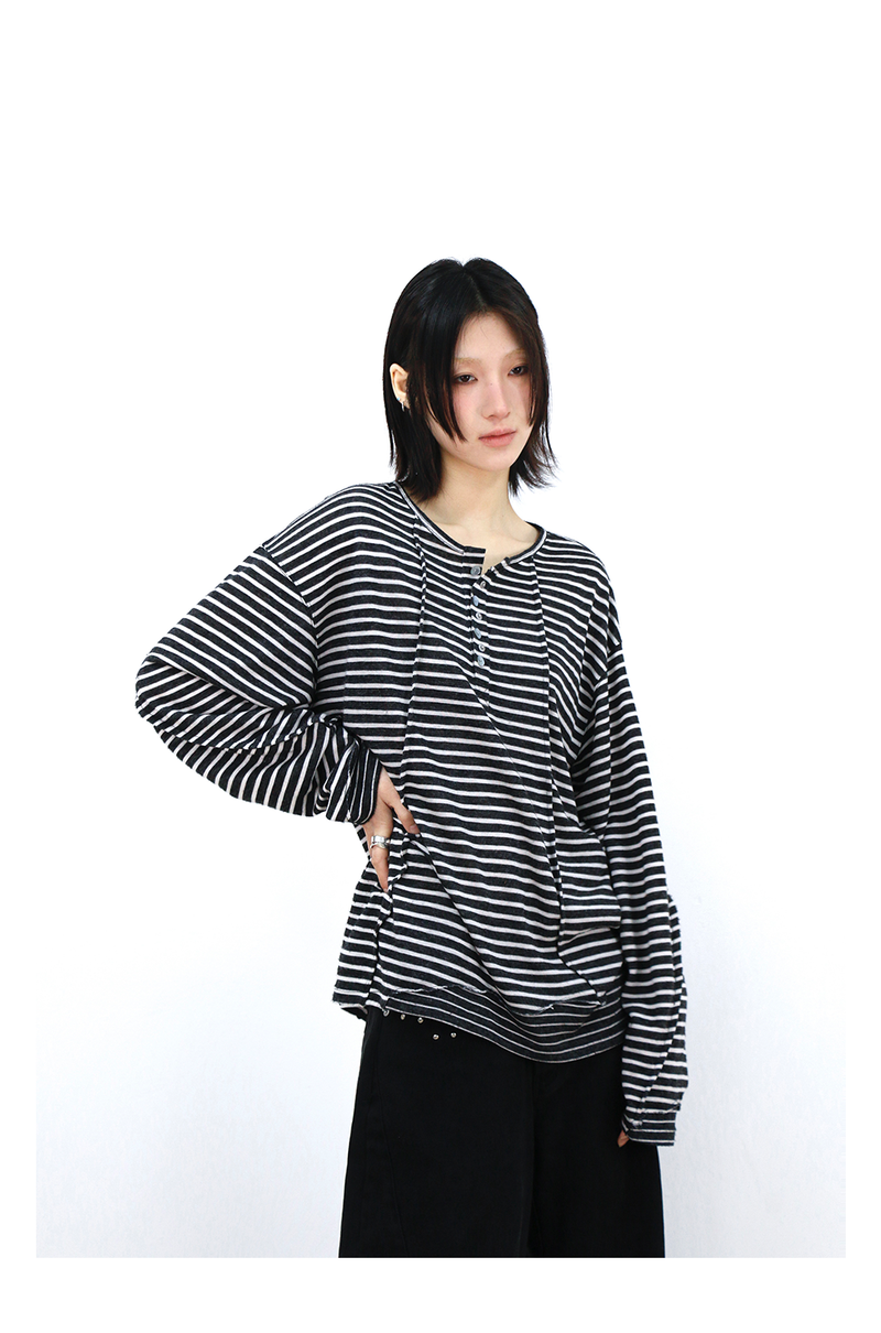 RELABEL (Vision) ライトウェイトベルベティストライプパッチワークロングスリーブTシャツスタッドディテール＆スクープネック