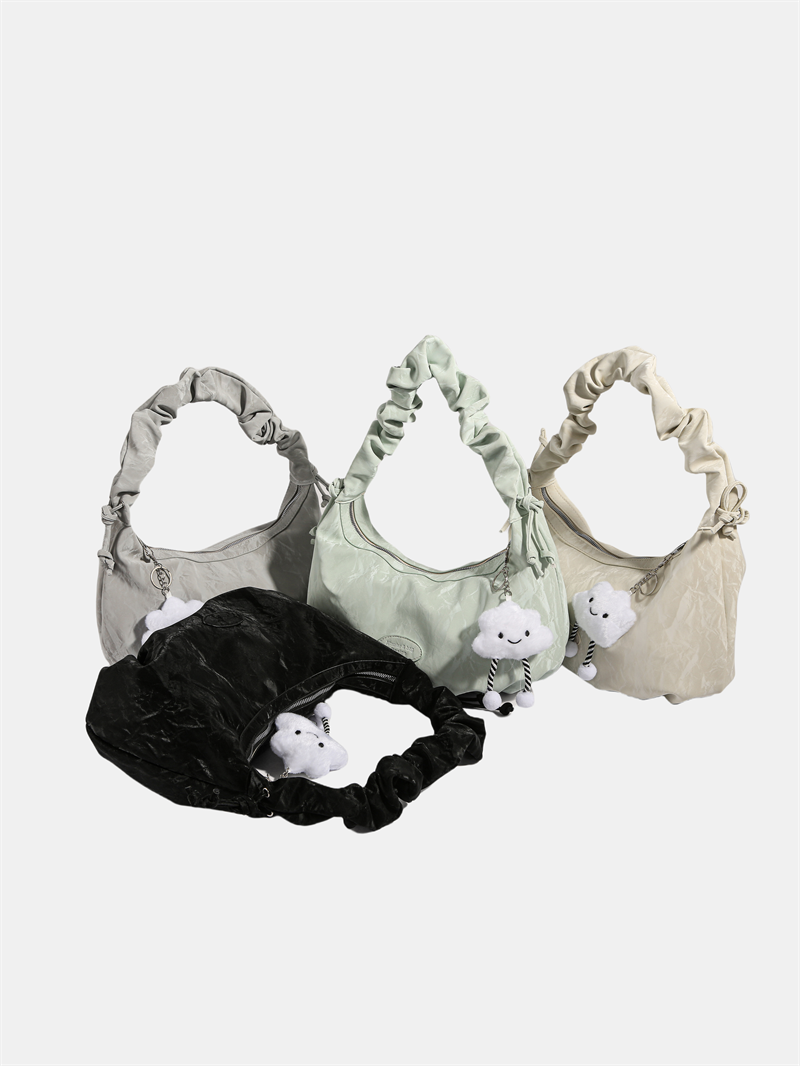 Cloud doll key ring bag denim washed leather wave pattern wrinkle strap zipper shoulder bag