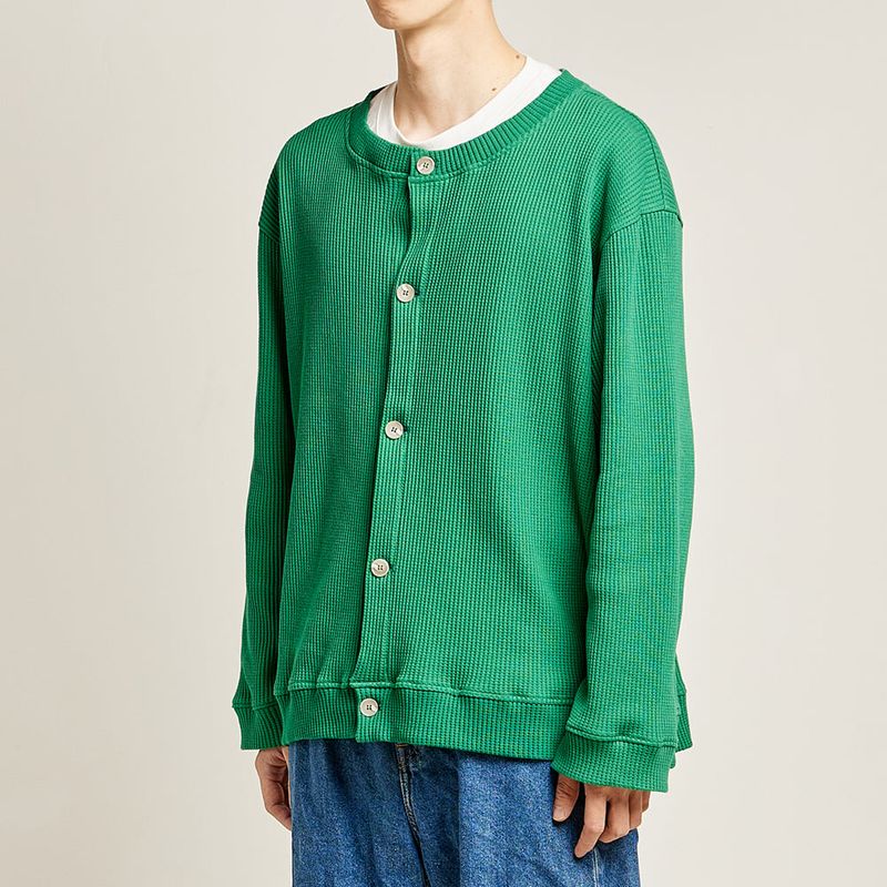 DAMP ROUND-NECK WAFFLE CARDIGAN_GREEN