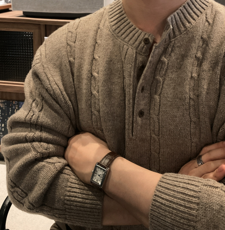 Look & P Henry Neck Button Cable Overfit Knit