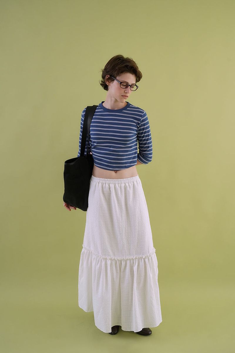 Gather check shirring skirt_ivory