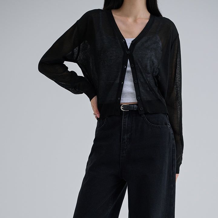 [Polia] Sheer V-neck Long Sleeve Cardigan - 8color
