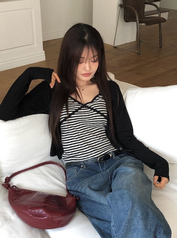 Cotter Punching Stripe Sleeveless Cardigan Set