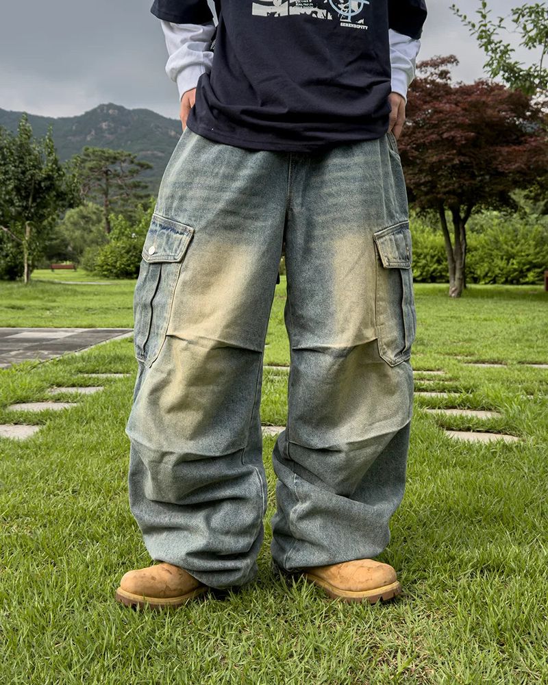 Bern diagonal cargo wide denim pants