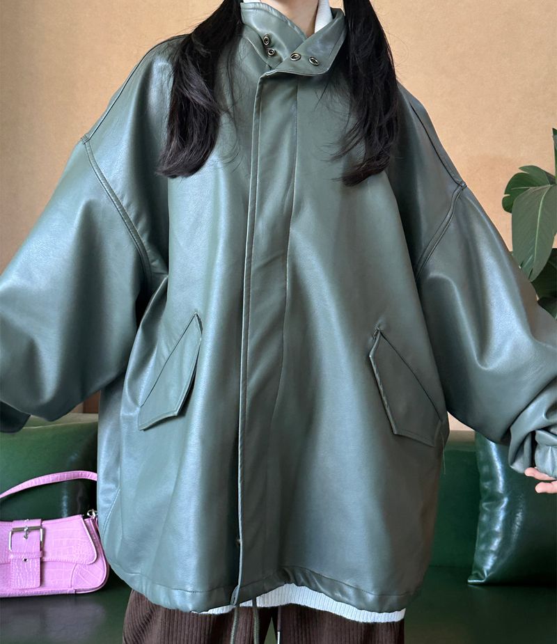 CCORTTI(コルッティ)の「(UNISEX) LEATHER FAUX-LEATHER AUTUMN BOXY LOOSE-FIT FIELD JACKET – KHAKI(Jackets/Outerwear)」