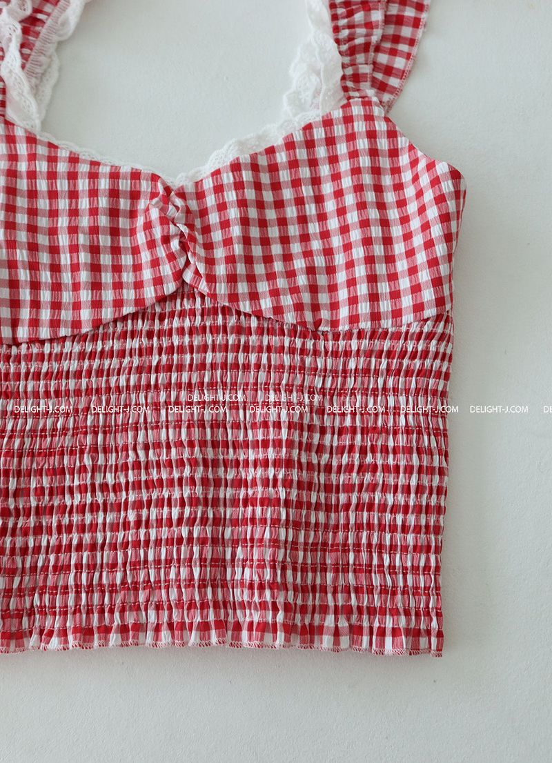 Check lace smoke banding blouse