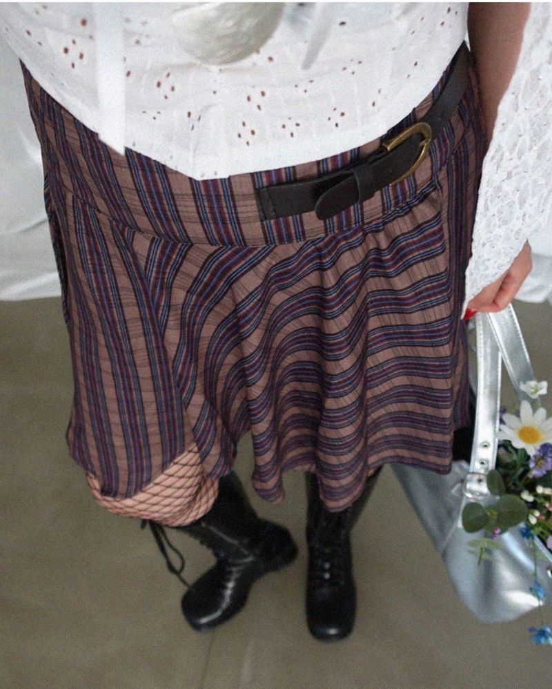 VINTAGE STRIPE ASYMMETRICAL BUCKLE WRAP SKIRT