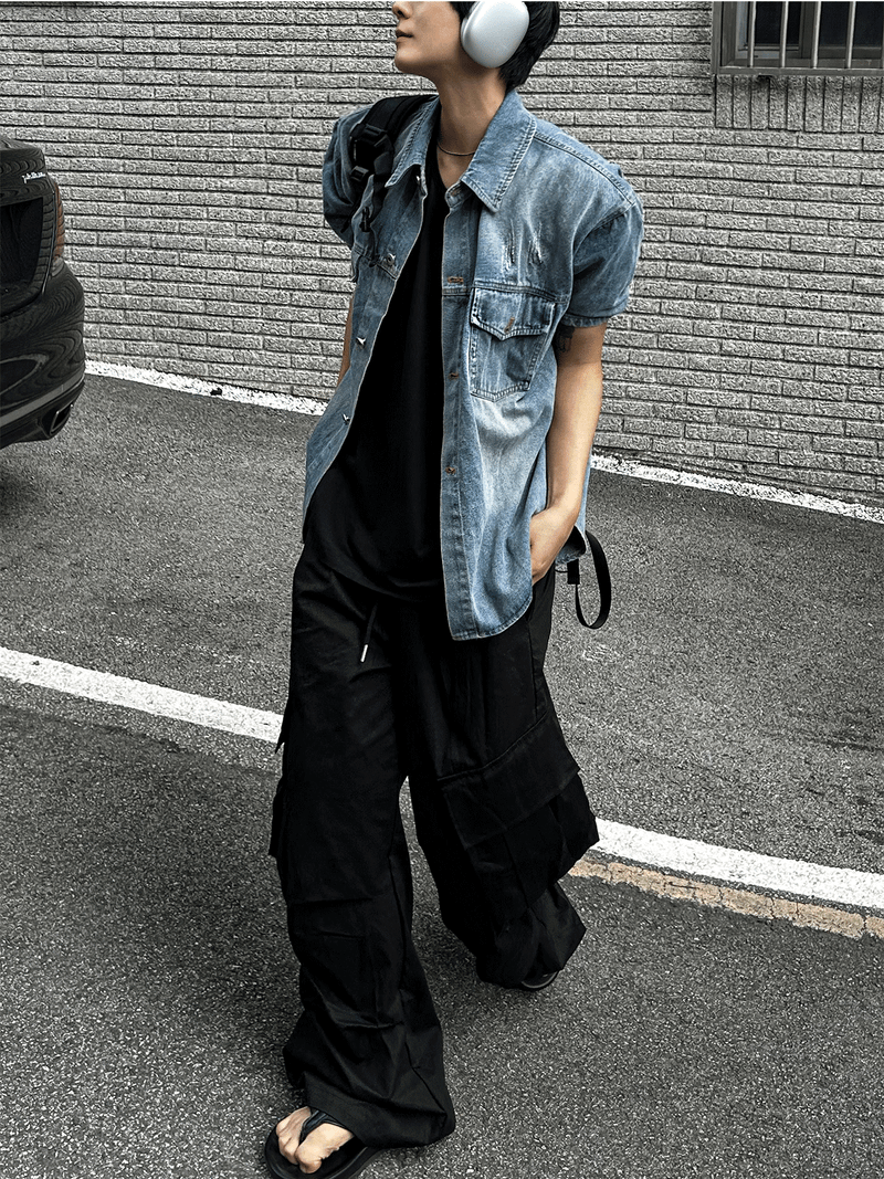 jacquard short-sleeved denim jacket