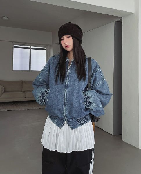Kanto incision denim two-way quilted flight jumper