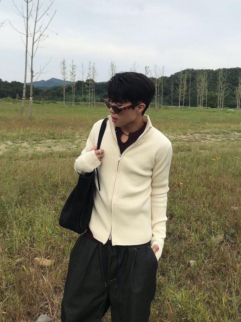 Rib Line Muscle Fit Zip-Up Knit