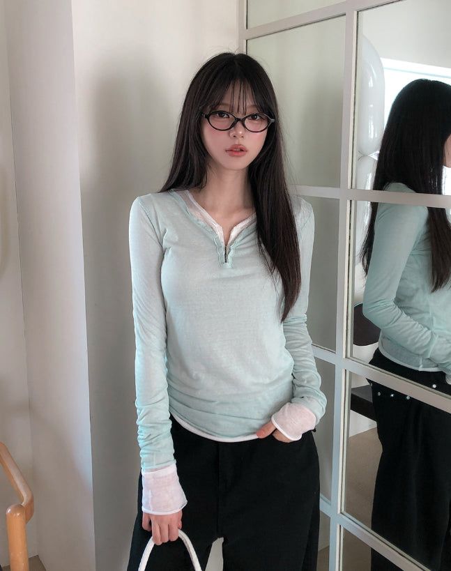 Lower See-through Hook V-Neck Long Sleeve