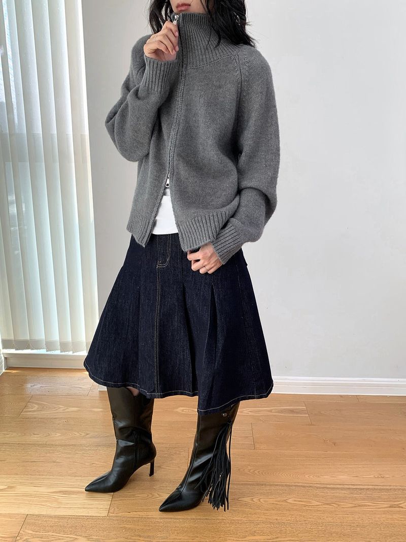 Stand Collar High Neck Zip-Up Long Sleeve Knitwear