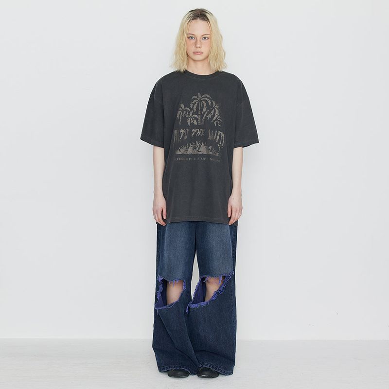 Destroyed Knee Wide Denim Pants Blue & Purple