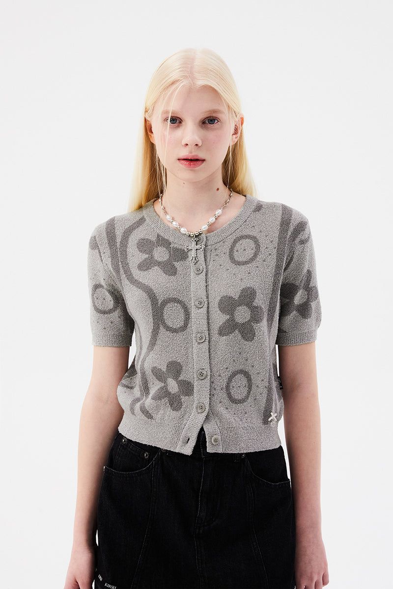 CHERRY JACQUARD PATTERN SHORT SLEEVE CARDIGAN [MELANGE GRAY]