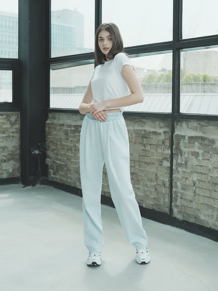 W1015 ONE TUCK LINEN BANDING PANTS_LIGHT BLUE