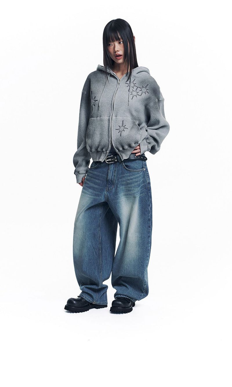 Washed Star Waffle Hooded Zip-Up - Grey
