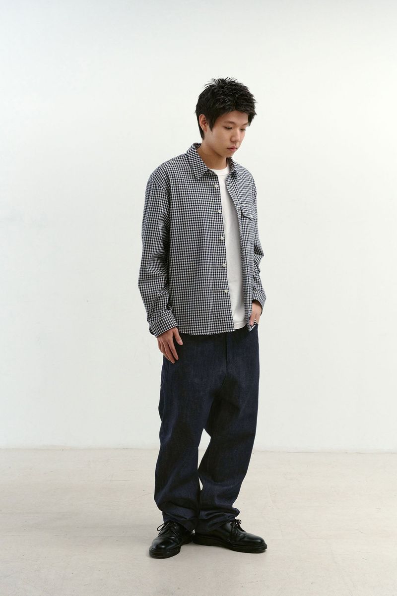Natural High Waist Baggy Fit Selvedge Denim Pants(Navy)