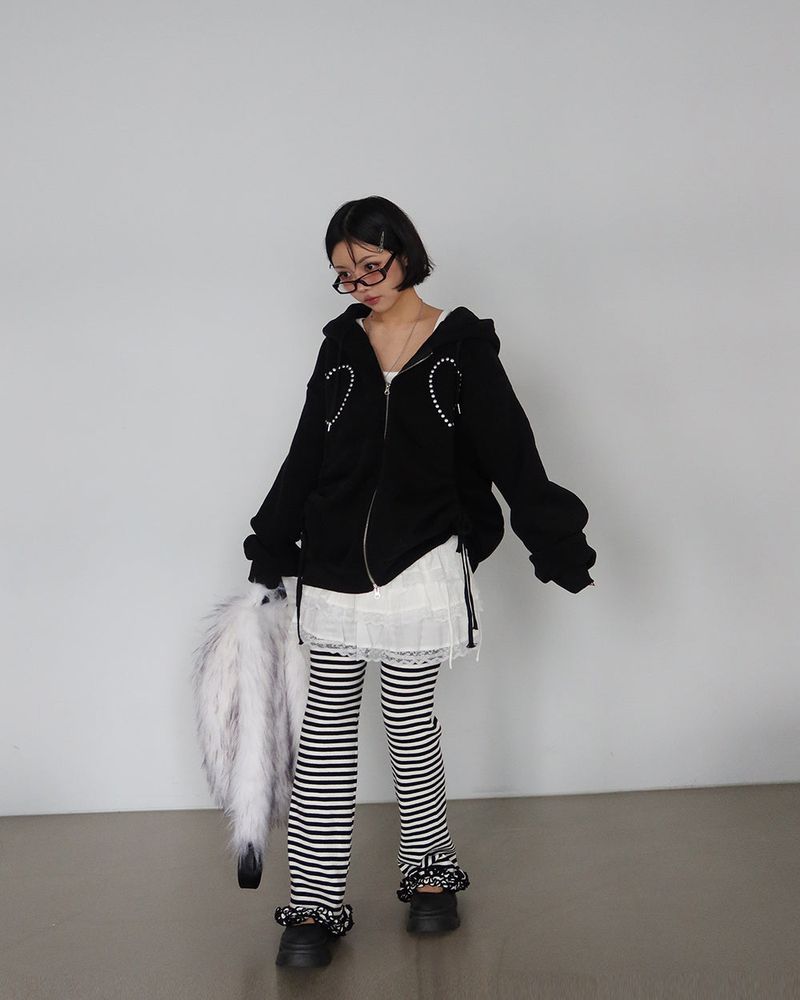 Wool napping heart wrinkle shirring hooded zip-up