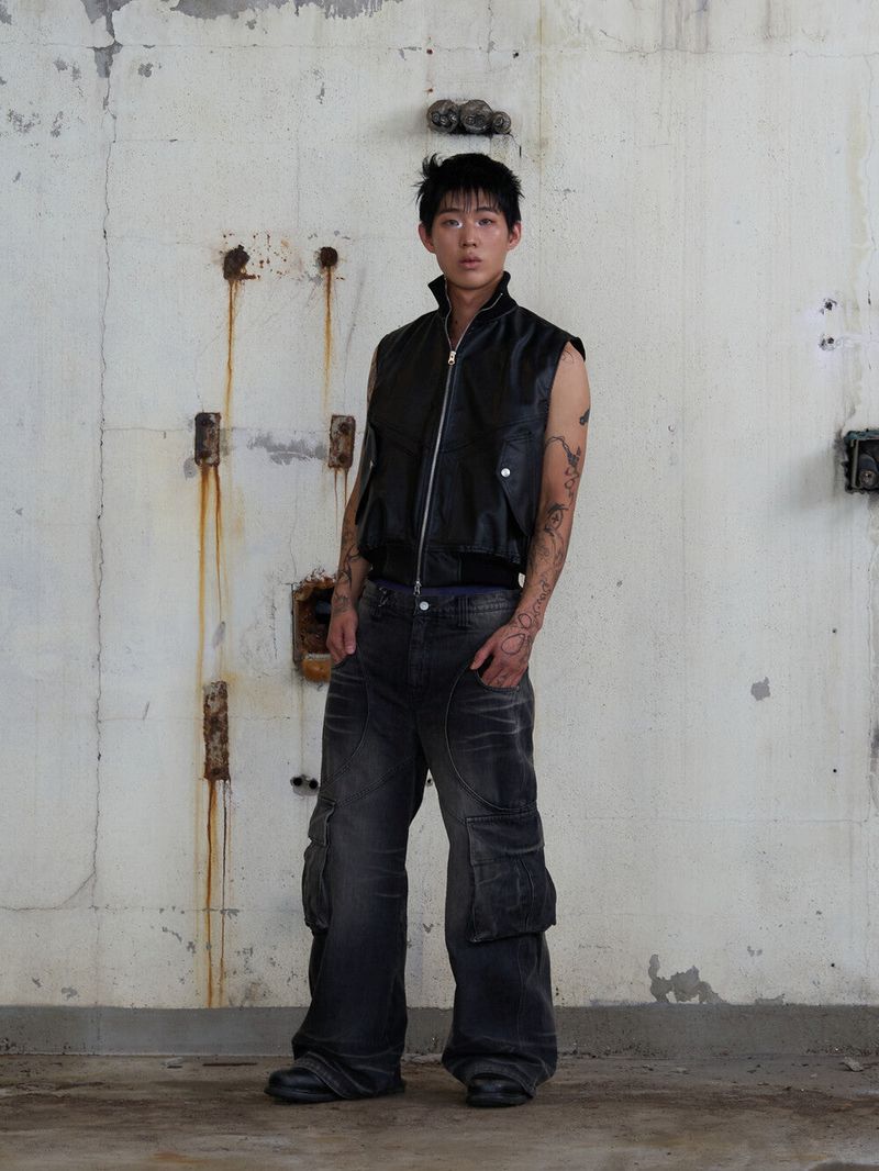 Leather Cargo Vest (Black)