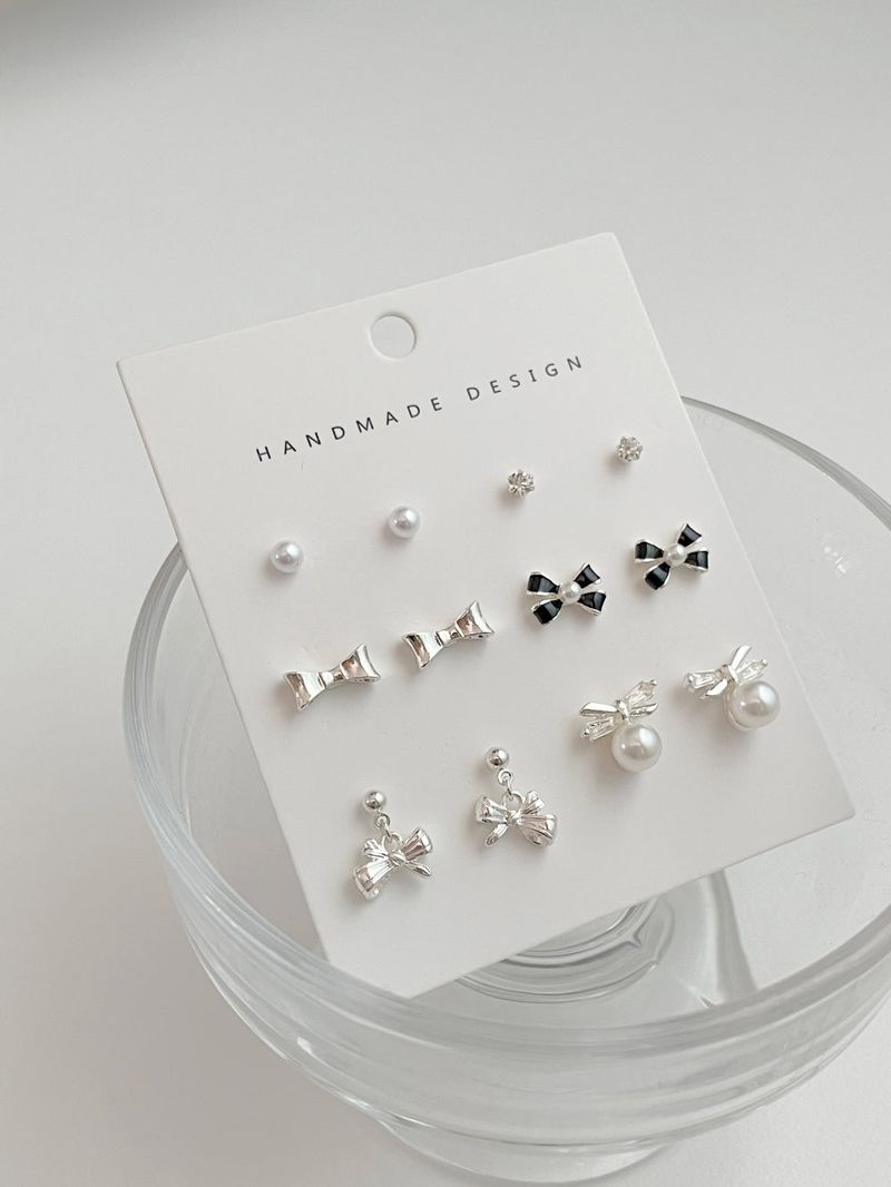 [6 set] French ribbon pearl earrings set / 2 colors / Lovely simple cubic mini