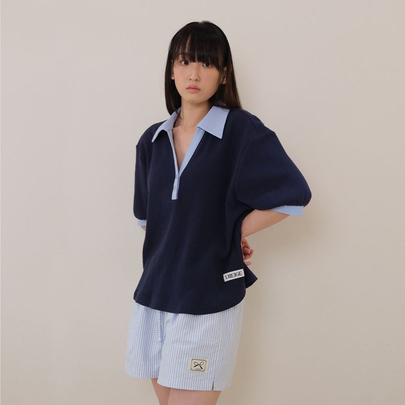 Navy Half Open Collar Tee