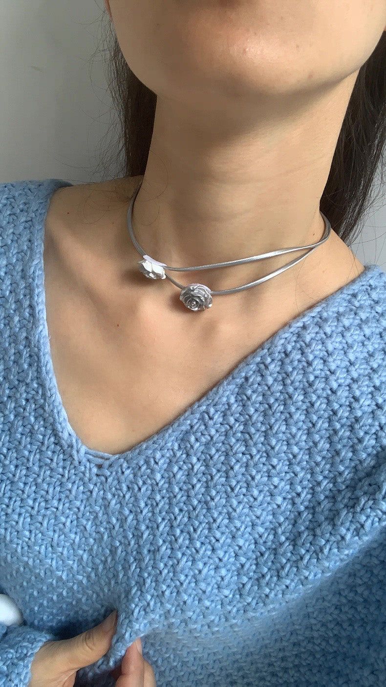 Silver ROSE choker necklace