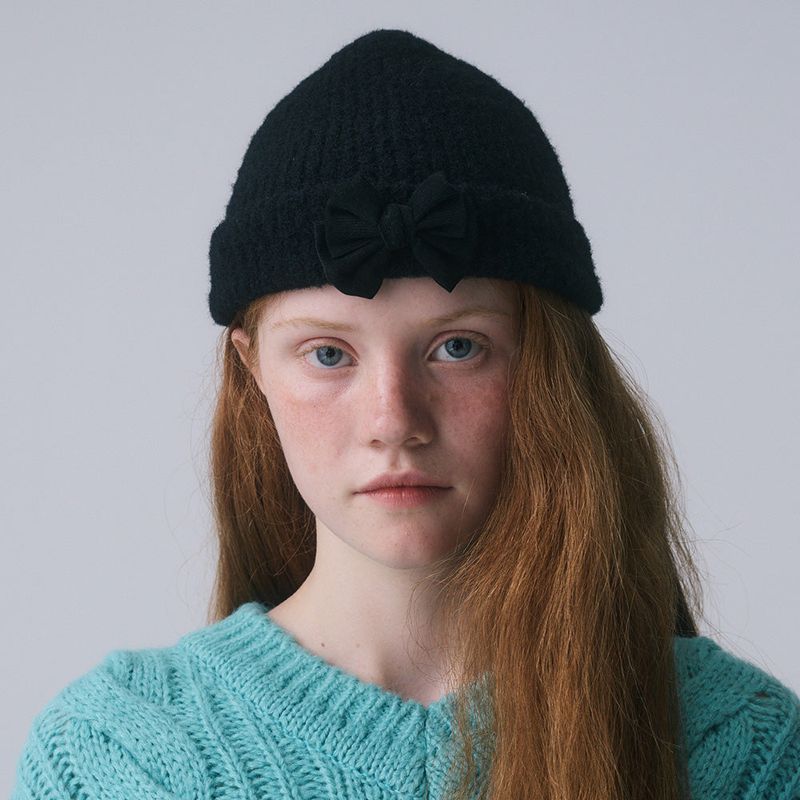 FLUFFY RIBBON BEANIE, BLACK