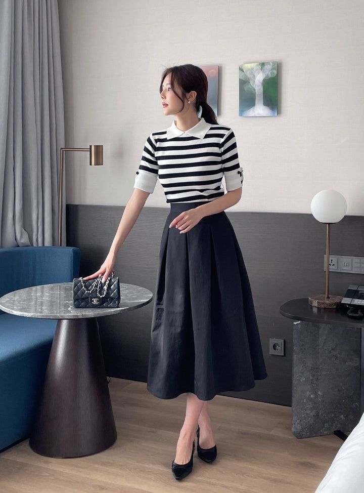 Ez Color Matching Button Short Sleeve Collar Knit