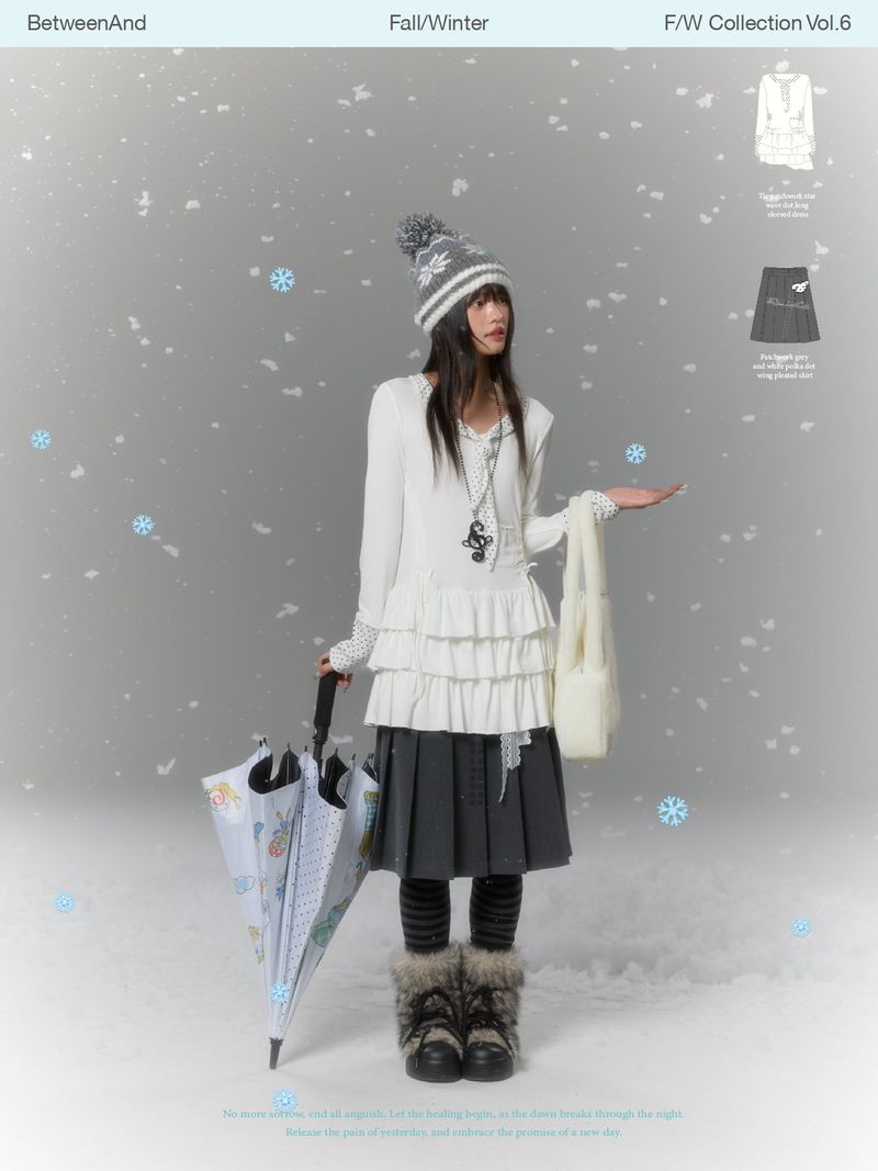 BETWEENAND "Rice White Melody" Winter Tie-Patterned Star Polka Dot Long Sleeve Multi-Layer White Dress