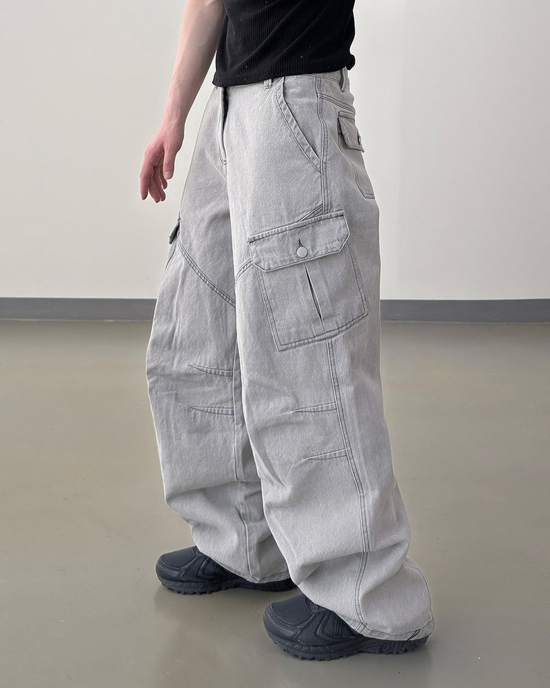 Bion Gray Wash Cargo Denim Pants