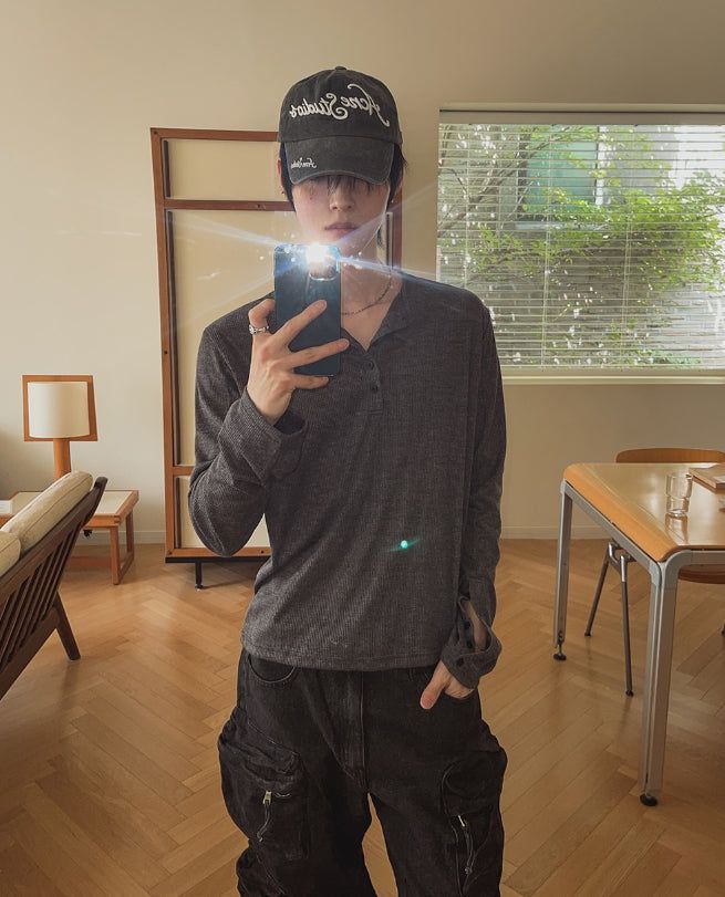 Div Ribbed Henley Neck Long Sleeve Tee 