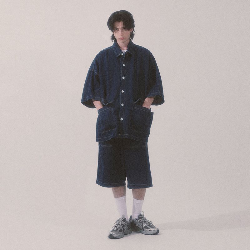 denim stitch shorts_blue