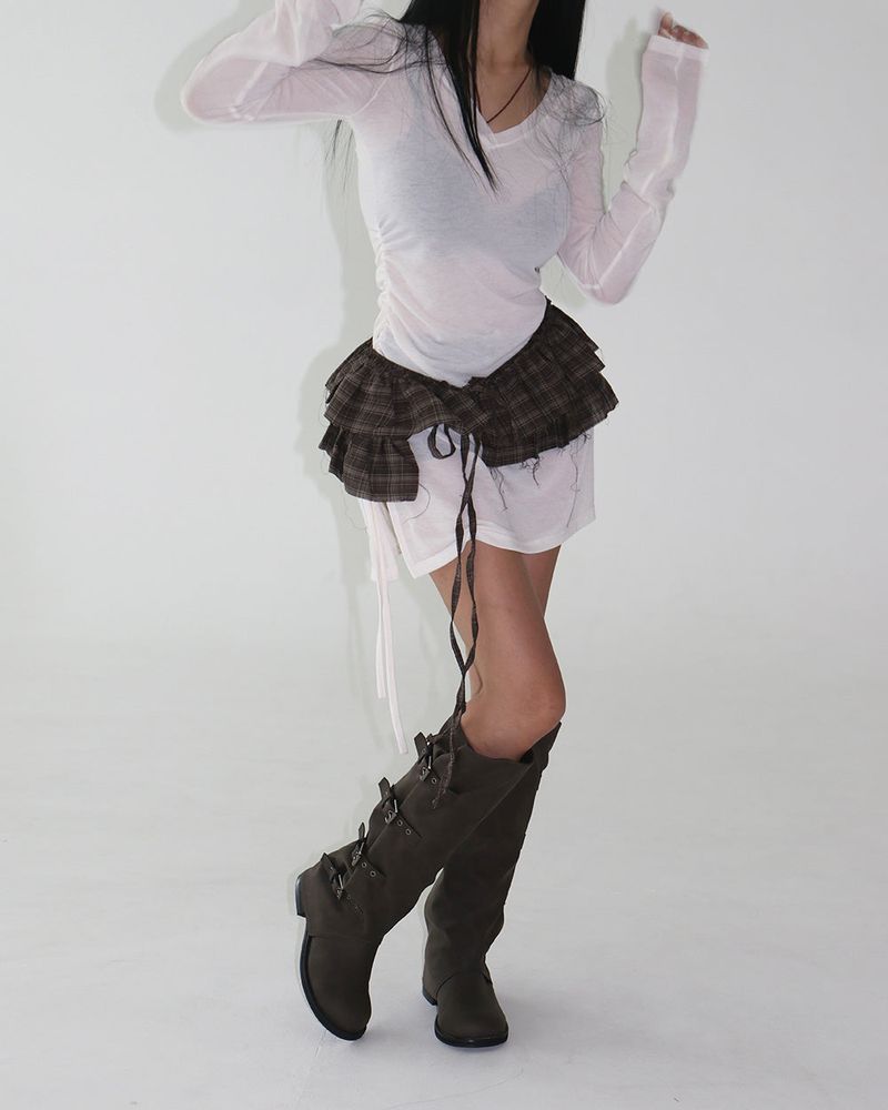 See-through Shirring V-neck Long T-shirt