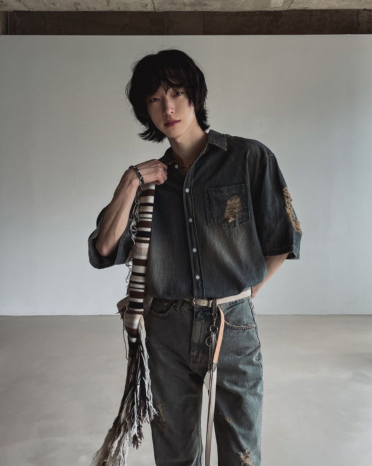 Summer shea damage washed denim half shirt
