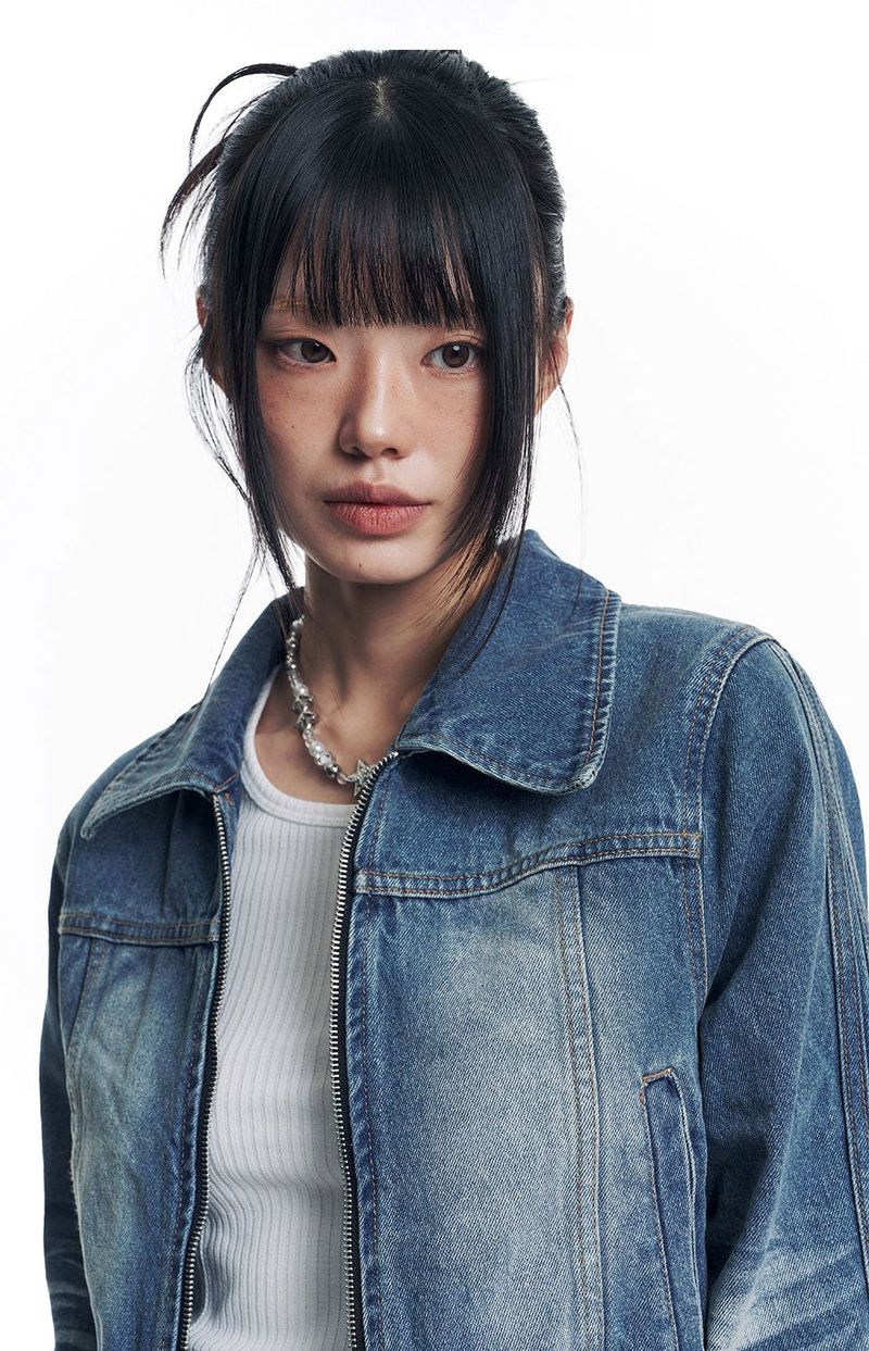 Washed Crop Track Denim Jacket - Deep Blue