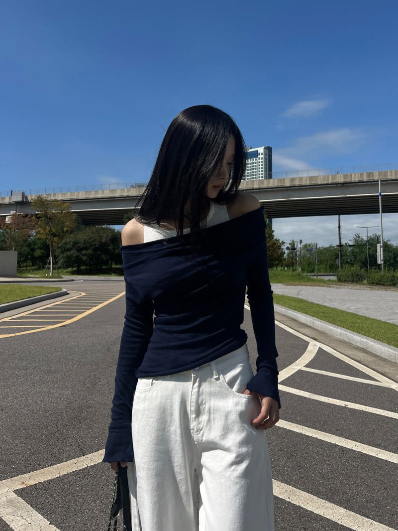 Y2K Back Point X Strap Bijo Wide Loose Fit Denim Long Pants (White)