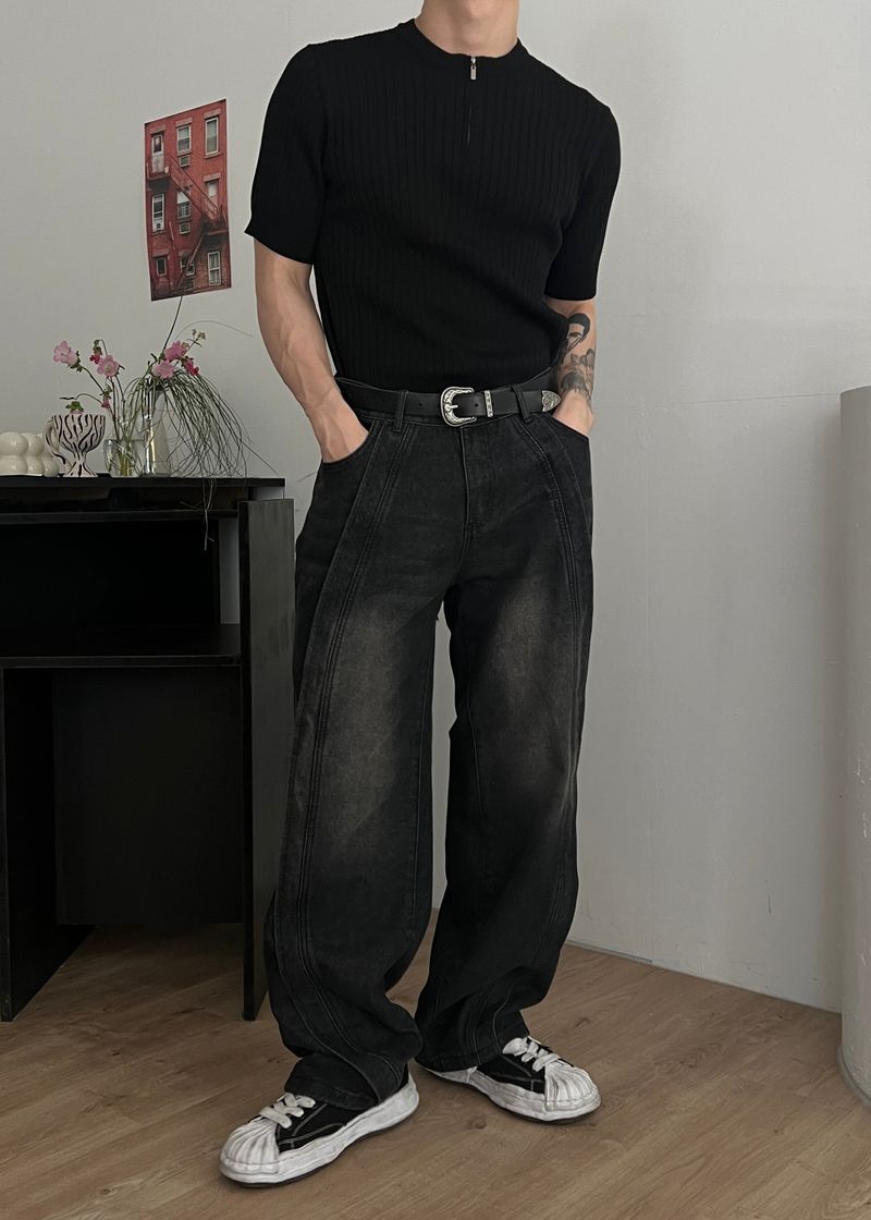 Wave-washed incision wide denim(2colors)