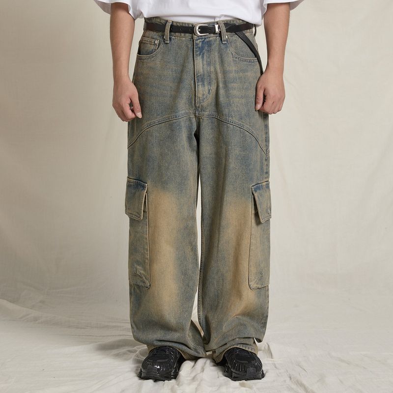 Yellow Washed Cargo Denim Pants