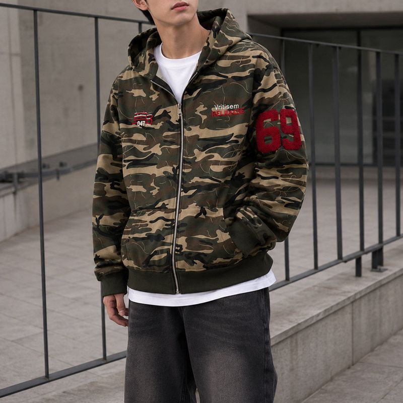 [Unisex] no.69 Oversized Camo Hoodie Zip-up
