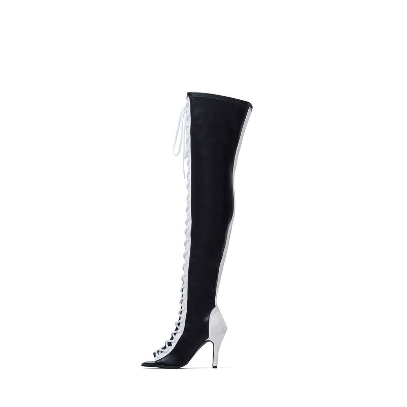 Thigh High Shoelace Point Boots Heel(Black)
