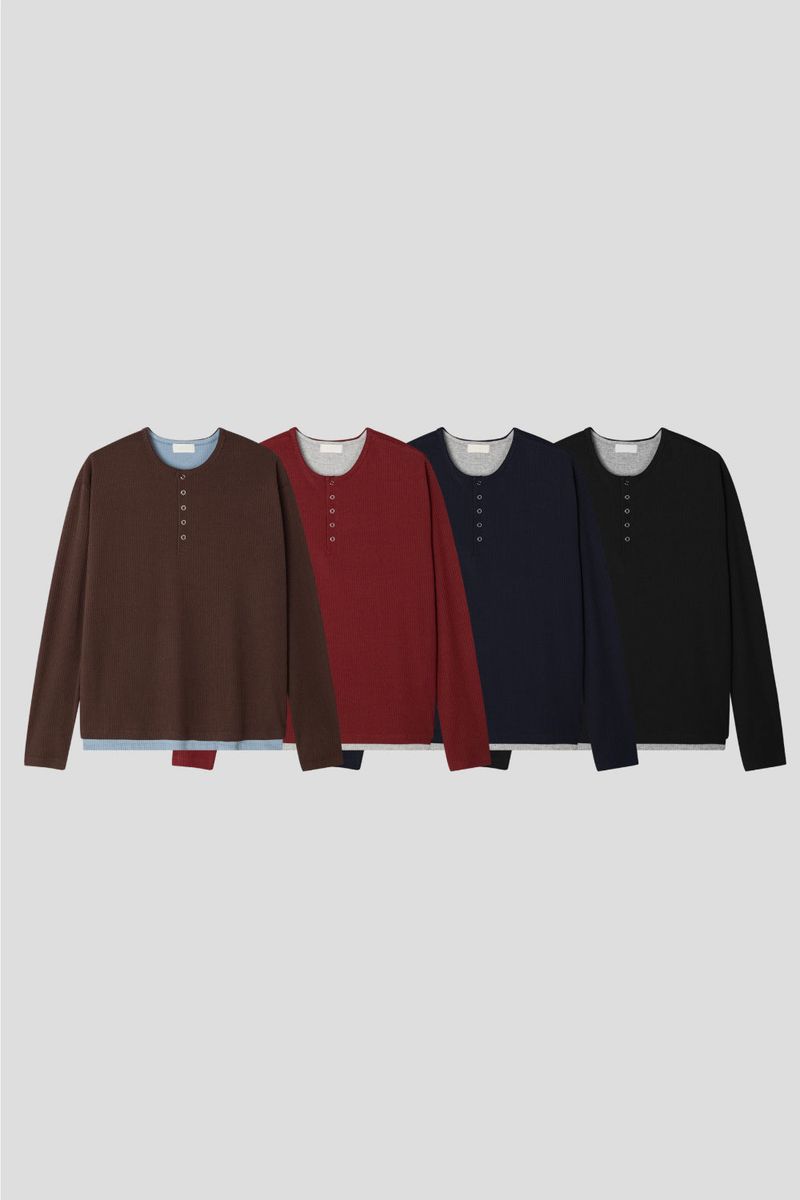 LMN Settle 5 Button Layered Ribbed Long Sleeve Tee (4 colors)
