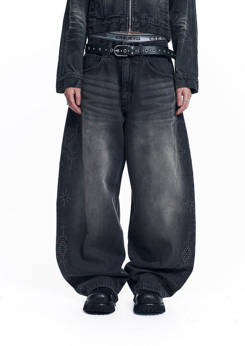 Curved Western Stud Denim Pants - Black