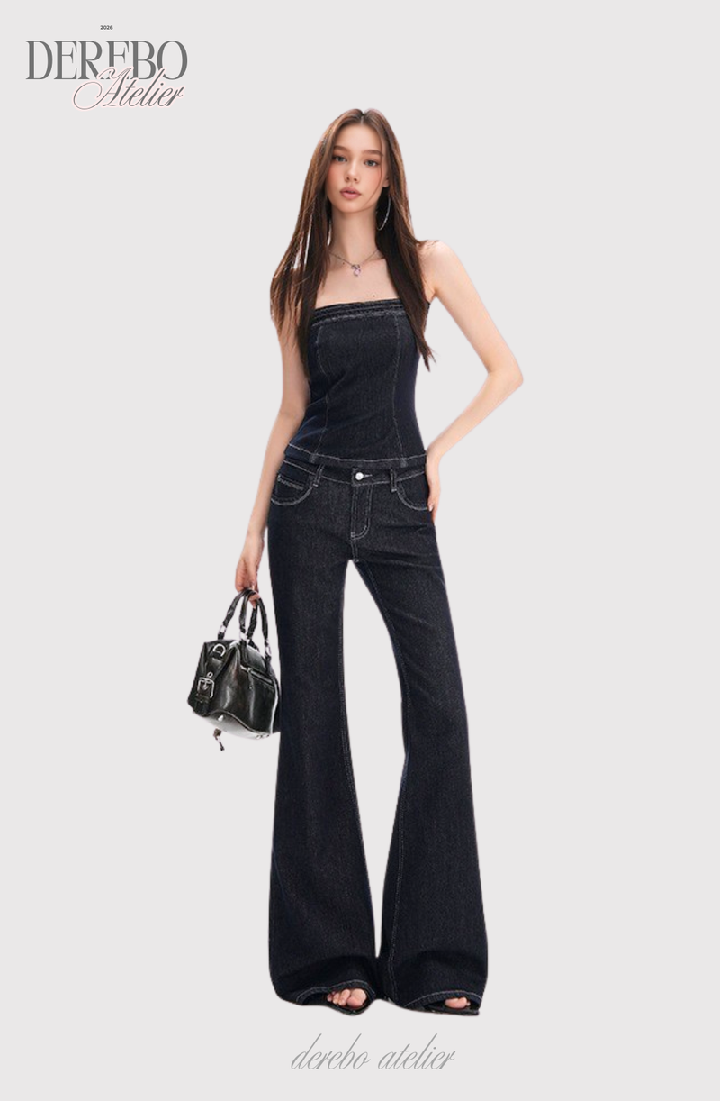 Deep green paper flared long denim pants