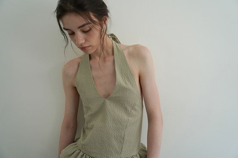 Gingham halter blouse_khaki