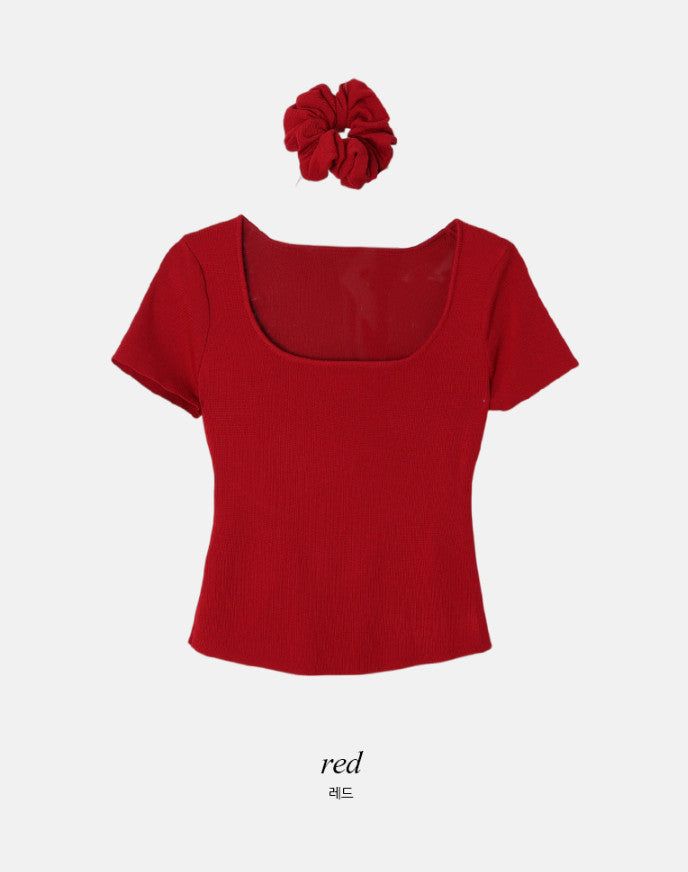 #Back Slit Square Short Sleeve Knit + Scrunchie Set (5color)
