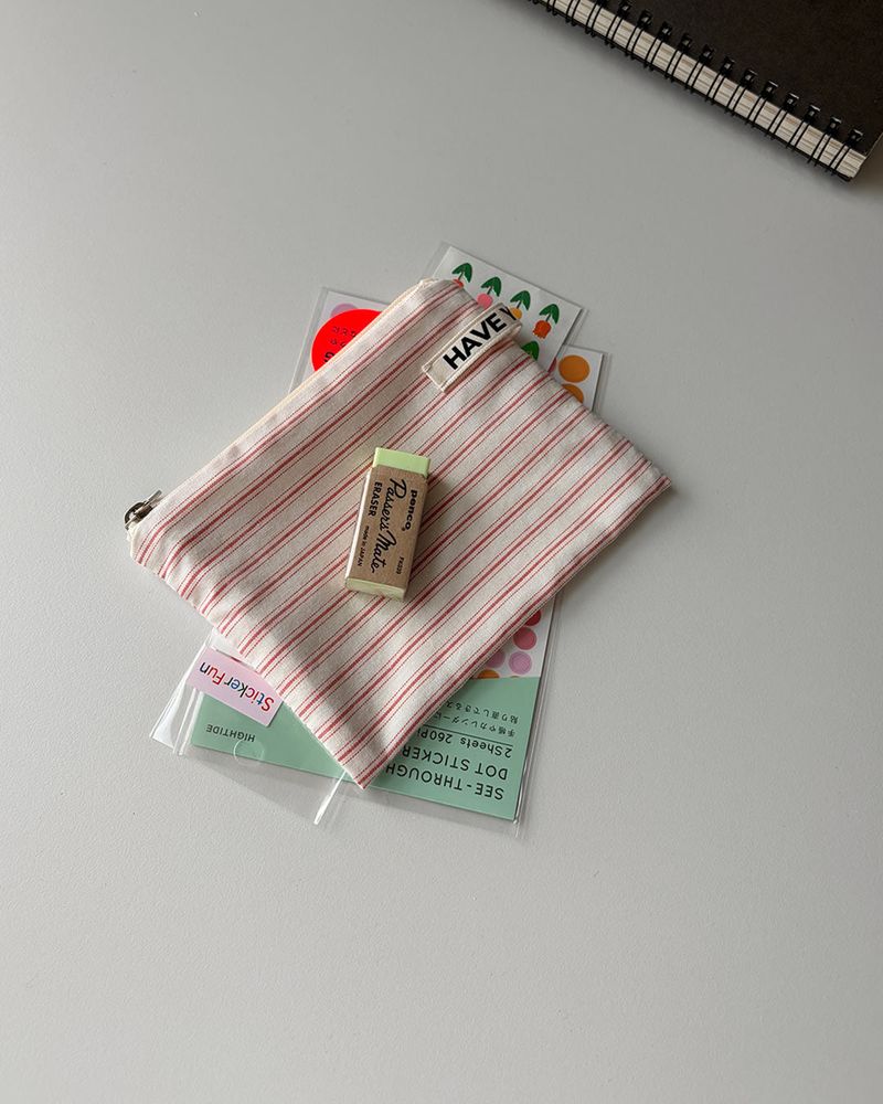 Pin stripe flat pouch - red , S size